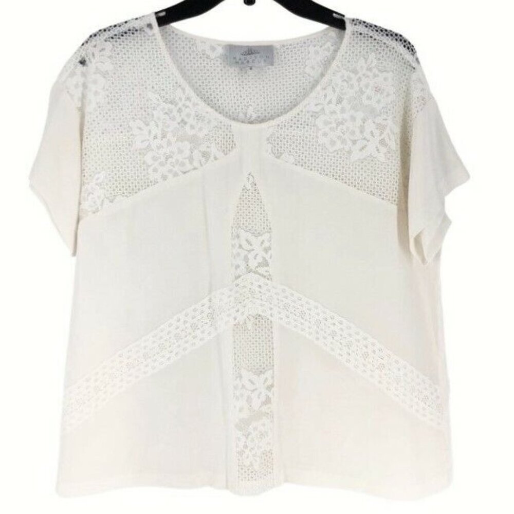 Madison Marcus Silk Top Sz Medium Cropped Ivory Cap Sleeve Blouse Lace Detail